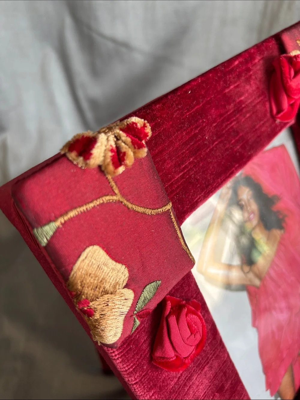 Velvet Floral Red Photo Frame with Embroidered Flowers